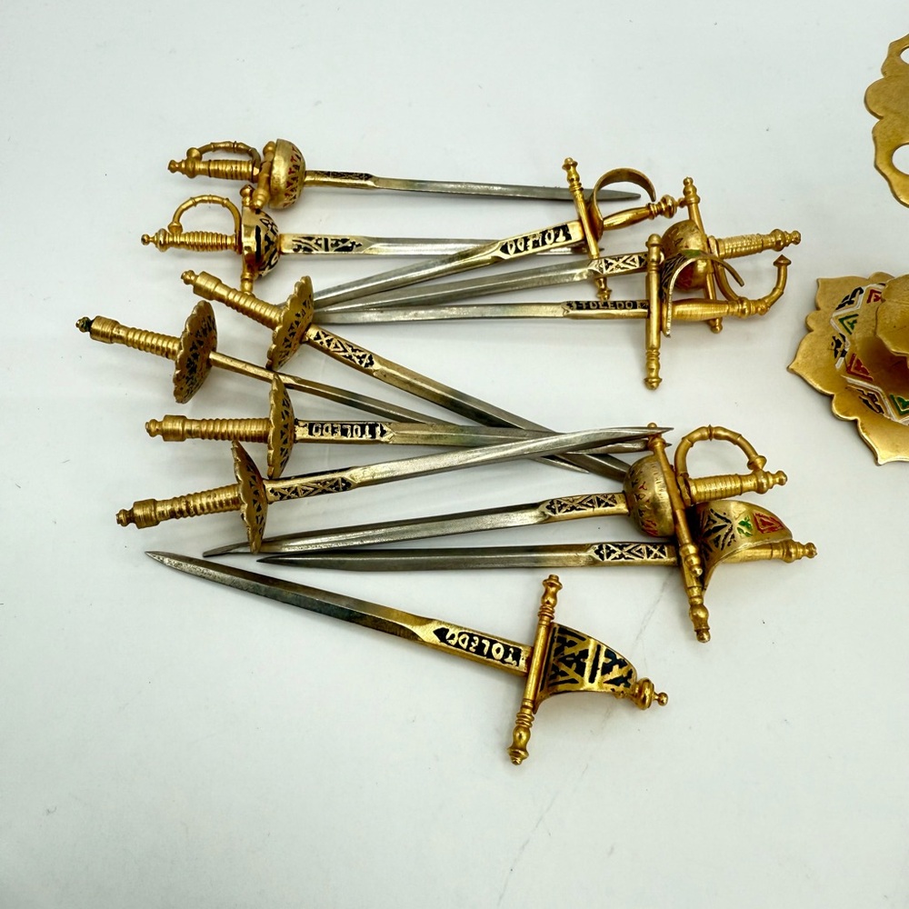 Vintage Toledo Spain Miniature Sword Cocktail Picks Stand 13pc Appetizer Skewers - Picture 8 of 15